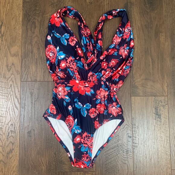 High Drive by ModCloth Deep V-Neck Floral Navy/Red One-Piece Bathing Suit - Picture 2 of 9